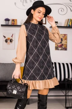 فستان نسائي قصير منقوش بياقة بيج - Фото 6