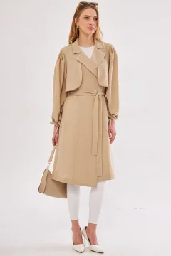 معطف نسائي انيق واق من المطر باللون البيج للنساء - Фото 7