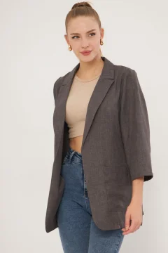 سترة نسائية كبيرة الحجم بجيوب باللون الرمادي - Фото 3