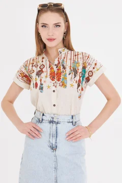 Women's Cream Judge Collar Short Sleeve Shirt Arm-25Y 001040 - Фото 1