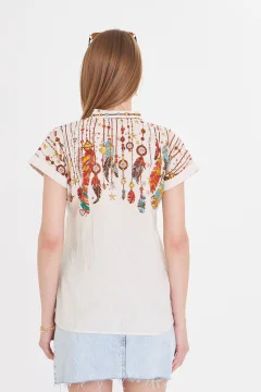 قميص نسائي ذو ياقة كريمية وأكمام قصيرة - Фото 3