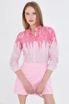 Women's Pink Judge Collar Patterned Shirt Arm-25Y 001013 - Фото 1