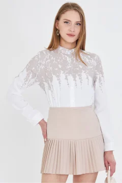 قميص نسائي بيج بياقة منقوشة - Фото 3