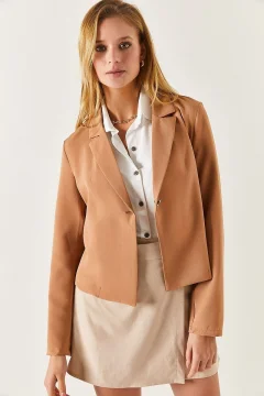 Women's Beige Single Button Crop Jacket - Фото 1