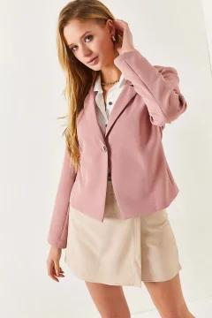 جاكيت نسائي قصير بزر واحد باللون الوردي - Фото 2