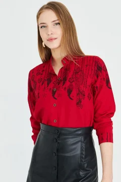 Women's Red Judge Collar Patterned Shirt - Фото 3
