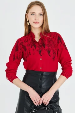 Women's Red Judge Collar Patterned Shirt - Фото 4