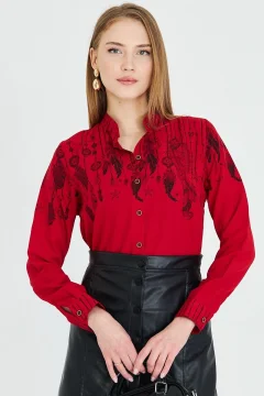 Women's Red Judge Collar Patterned Shirt - Фото 1
