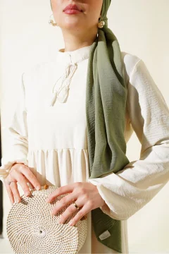 فستان حجاب برباط وطية صدر السترة - كريمي - Фото 6