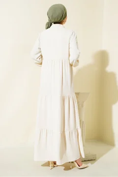 فستان حجاب برباط وطية صدر السترة - كريمي - Фото 7