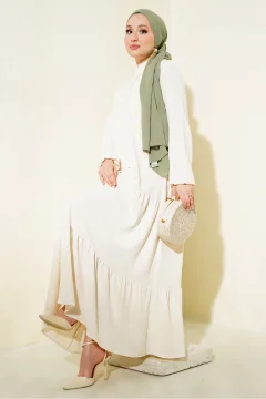 فستان حجاب برباط وطية صدر السترة - كريمي - Фото 5