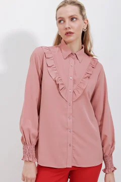 قميص طويل الأكمام مكشكش - وردة مجففة - Фото 2