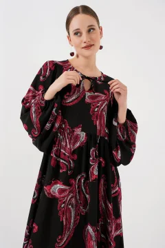 فستان نسائي طويل بأكمام بالونية باللونين الاسود والاحمر - Фото 4