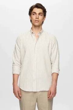 Ds Damat Slim Fit Beige Striped Shirt - Фото 1