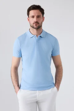 Light Blue Embroidered Polo Collar - 100% Cotton Regular Fit T-shirt - Фото 1