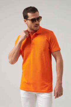 Regular Fit Orange Pique Textured 100% Cotton Non-Curling Polo Neck Embroidered T-Shirt - Фото 1