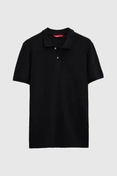 تي شيرت أسود ذو قصة عادي ومطرز برقبة بولو - Фото 9