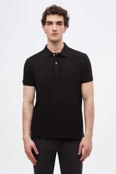 Regular Fit Black Pique Textured 100% Cotton Non-Curling Polo Neck Embroidered T-Shirt - Фото 1