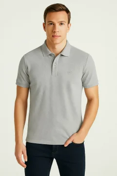 Regular Fit Gray Pique Textured 100% Cotton Non-Curling Polo Neck Embroidered T-Shirt - Фото 1