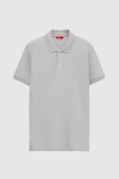 تي شيرت رمادي بقصّة عادية بياقة بولو مطرز - Фото 6