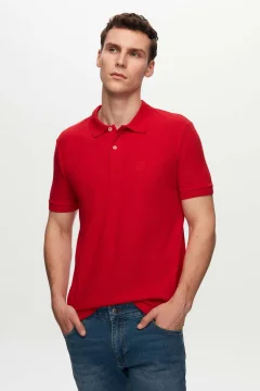 Regular Fit Red Pique Textured 100% Cotton Non-Curling Polo Neck Embroidered T-Shirt - Фото 1