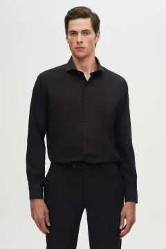 Slim Fit Black Italian Collar Slim Fit Classic Tie Long Sleeve Easy Iron-On Shirt - Фото 1