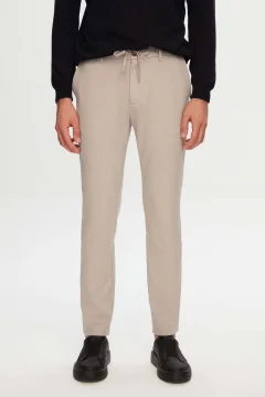 Slim Fit Beige Elastic Waist Drawstring Zippered Lycra Comfortable Jogger Pants - Фото 1