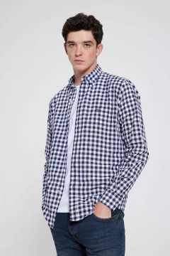 Slim Fit Navy Blue Checked Plaid Shirt - Фото 1