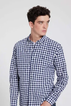 قميص منقوش بقصة ضيقة أزرق داكن - Фото 3