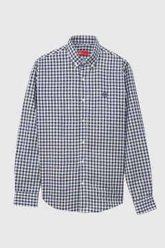 قميص منقوش بقصة ضيقة أزرق داكن - Фото 5