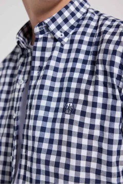 قميص منقوش بقصة ضيقة أزرق داكن - Фото 2