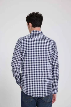 قميص منقوش بقصة ضيقة أزرق داكن - Фото 4