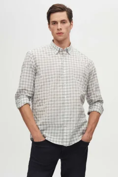 Slim Fit Gray Checkered Plaid Shirt - Фото 1
