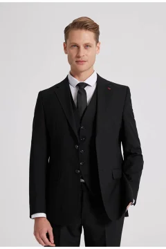 Black Slim Fit Mono Collar and Slit Lined Suit - with Vest - Фото 1