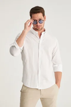 White Slim Fit Flamed Linen Look Summer Cotton Shirt - Фото 1