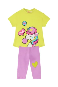 طقم تي شيرت صيفي بنمط وحيد القرن للفتيات وطماق أرجوانية - Фото 7