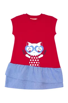 فستان بناتي صيفي أحمر مكشكش على شكل قطة - Фото 3