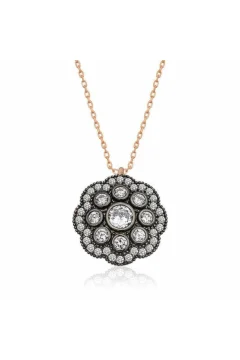 Silver Flower Patterned Diamond Mounted Necklace - Фото 1