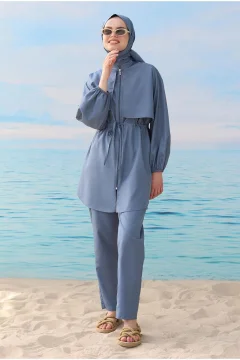 بدلة سباحة حجاب مع واقي من الرياح باللون الأزرق - Фото 3