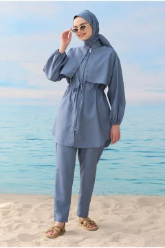 بدلة سباحة حجاب مع واقي من الرياح باللون الأزرق - Фото 2