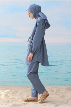 بدلة سباحة حجاب مع واقي من الرياح باللون الأزرق - Фото 6