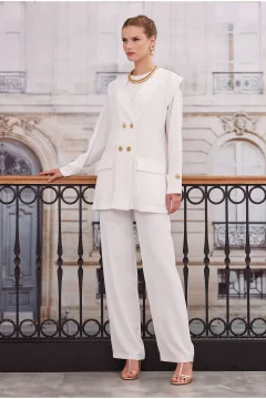 بدلة بنطلون وسترة مزدوجة الصدر باللون الأبيض الفاتح - Фото 3