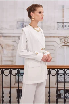 بدلة بنطلون وسترة مزدوجة الصدر باللون الأبيض الفاتح - Фото 5