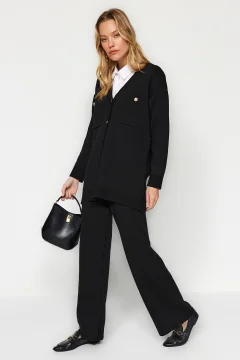 طقم كارديجان أسود بأزرار - Фото 7