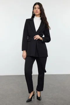Black Lacing Detailed Lined Crepe Jacket-Pants Woven Bottom-Top Suit Tctss - Фото 1