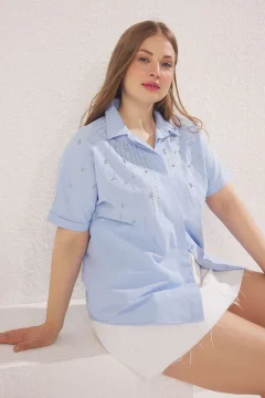 قميص أزرق بأكمام قصيرة منسوج - Фото 5