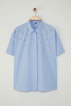 قميص أزرق بأكمام قصيرة منسوج - Фото 2