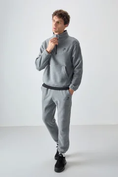 Gray Melange Half Zipper Stand Collar Elastic Leg Fleece Men's Tracksuit Set - Фото 1