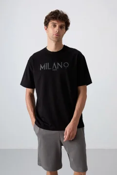 Black Cotton Thick Soft Textured Oversize Fit Printed Men's T-Shirt - 88345 - Фото 1