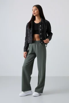 Khaki High Waisted Pocketed Comfortable Form Wide Leg Women's Tracksuit Bottom - 94567 - Фото 1